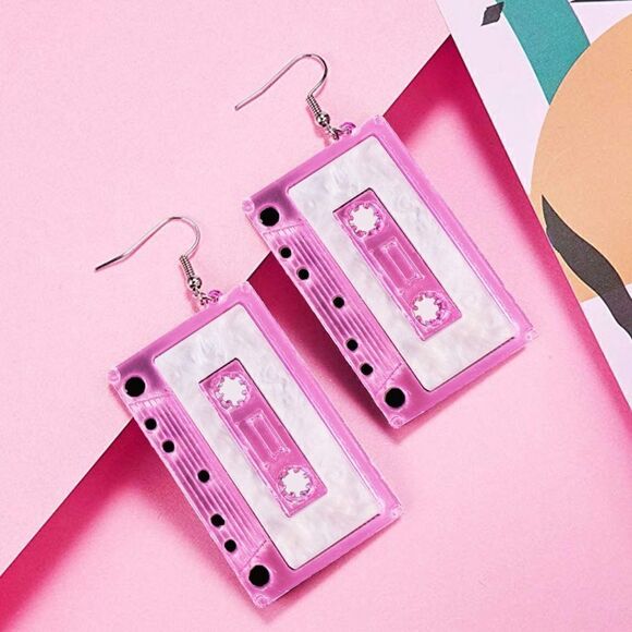 Barbie Acrylic 80s 90s Geometric Stereo Music Player Tool Magnetic Tape Earrings - Picture 3 of 5